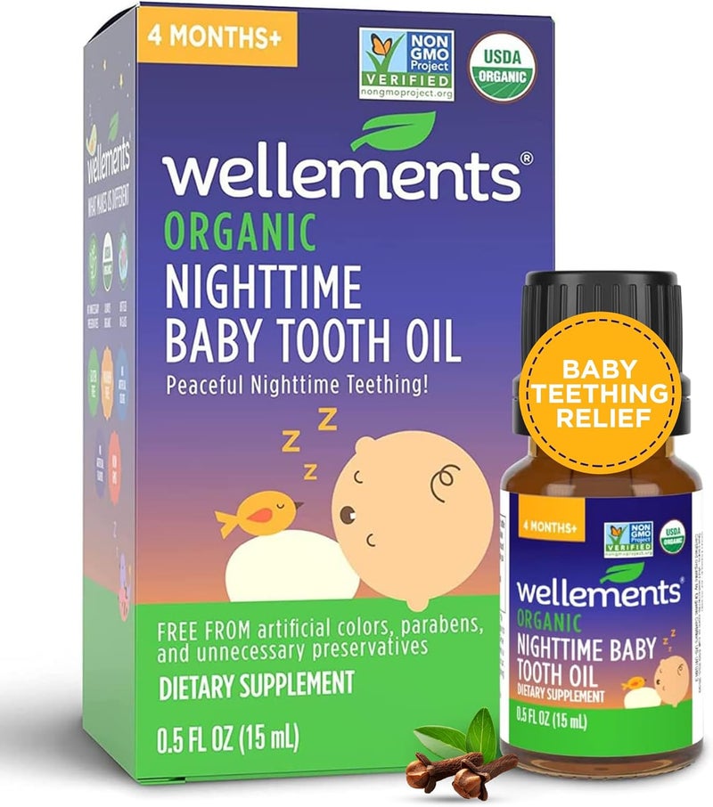 Wellements Organic Nighttime Baby Tooth Oil for 4 Months+ (0.5 Fl Oz) - Baby Teething Relief Oil* for Soothing & Massage for Tiny Gums* - Organic Blend of Essential Oils & Sleepy Time Herbs* - Image 1